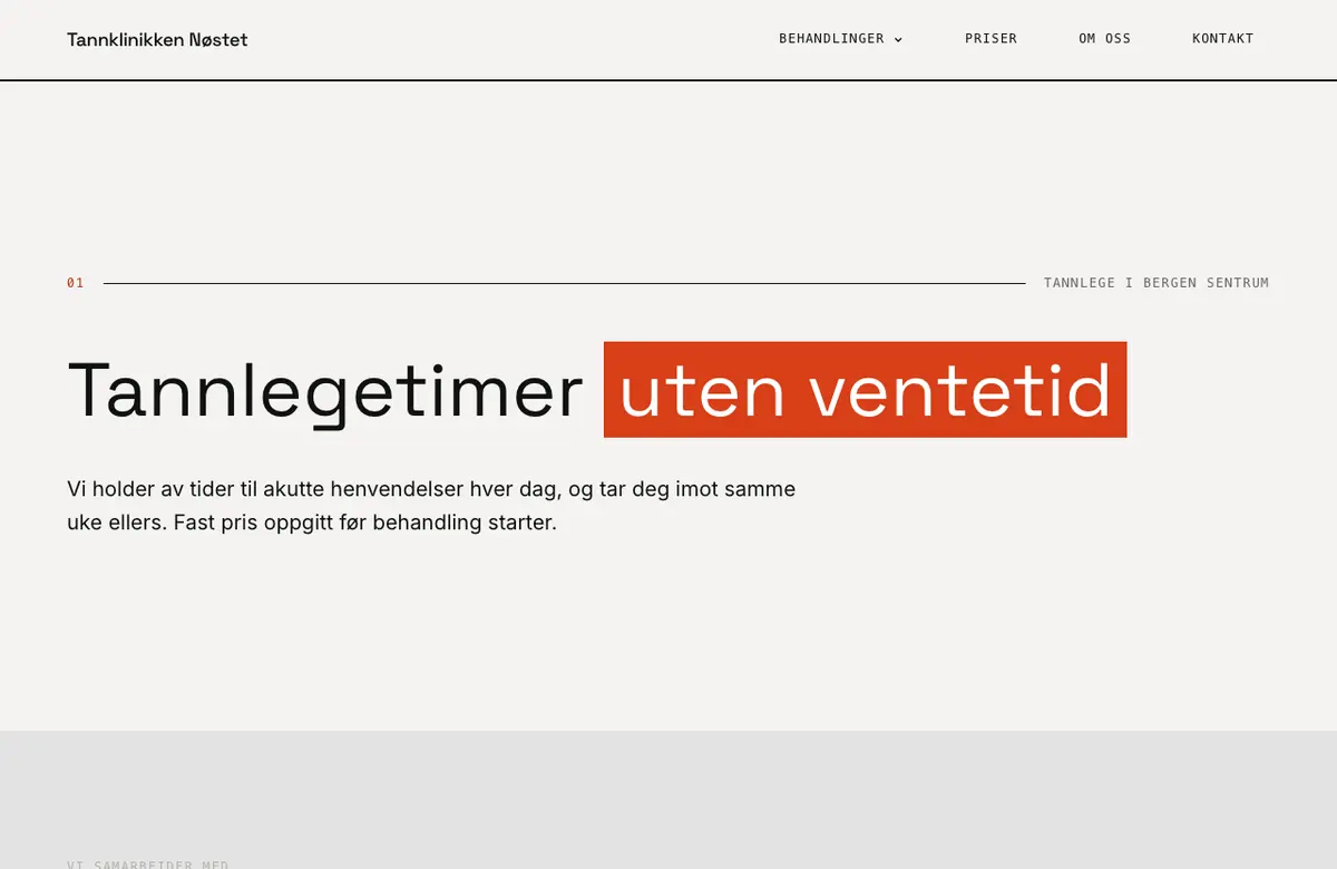Malen Verksted: høy kontrast og monospace-etiketter, vist med tannklinikkens innhold